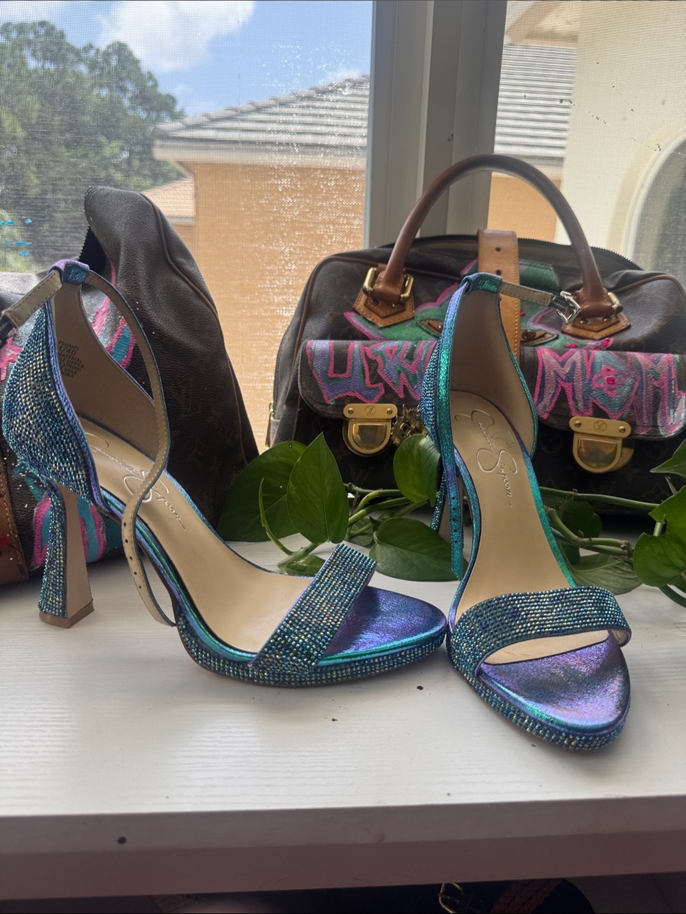 Jessica Simpson Iridescent Teal Blue Crystal Ankle-Strap Heels